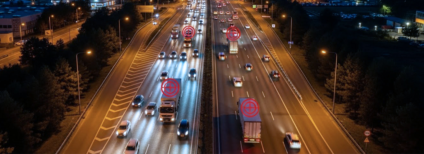 Rastreamento de caminhões em rodovia, veículos sendo acompanhados por tecnologia