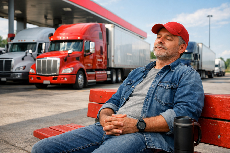 Motorista descansando em posto de gasolina após ter registrado parada no teclado do motorista para controle de jornada