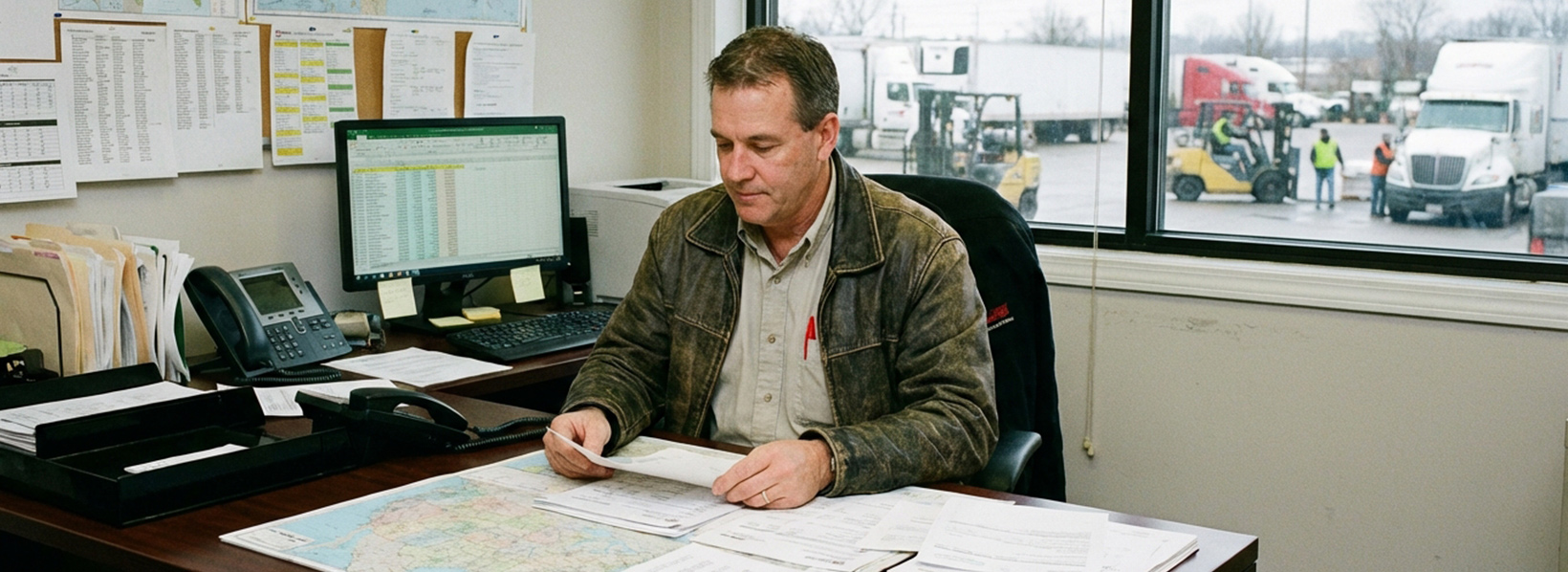 Gestor de transportadora lidando com mudanças na reforma tributária de 2025 no transporte de cargas.