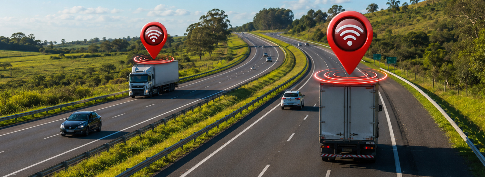 Rodovia com tráfego de carros e caminhões. Na imagem, os caminhões estão marcados com localizador de caminhão.