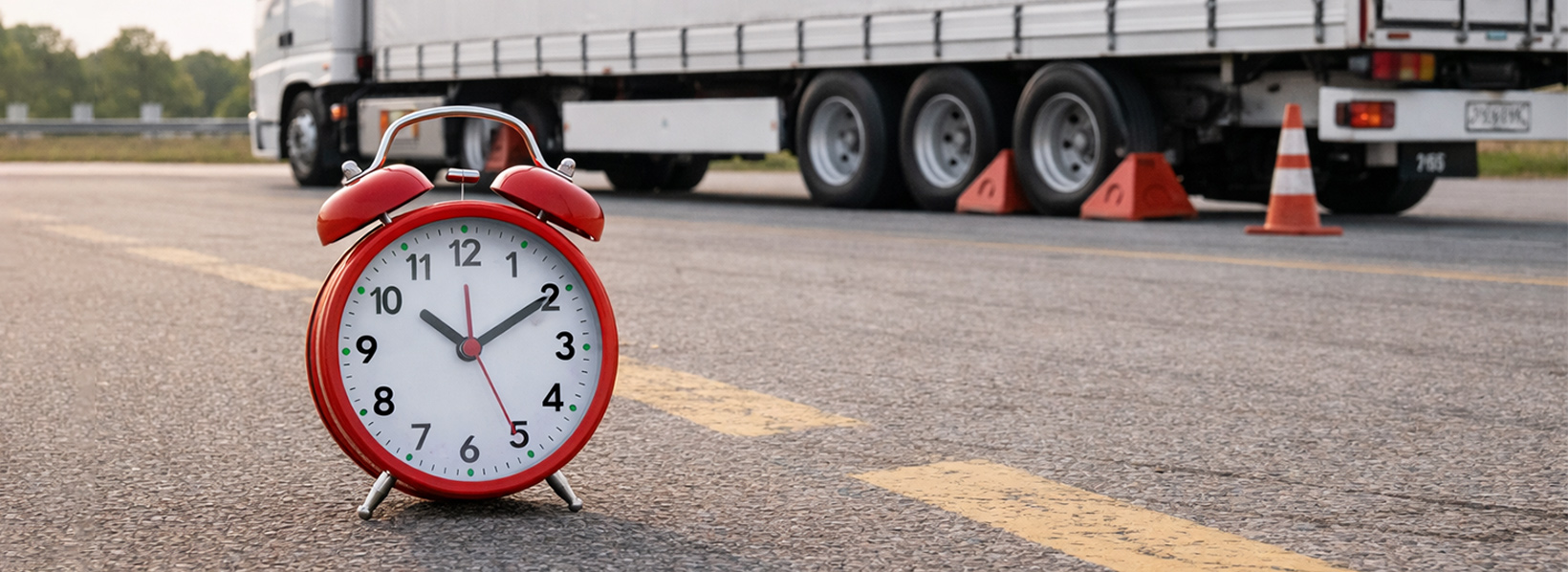 Relógio no chão em frente carreta parada, mostrando o tempo ocioso que aquele caminhão ficou parado.