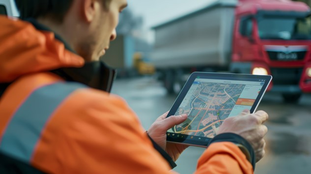 Profissional de logística operando tecnologia de segurança logística via tablet.