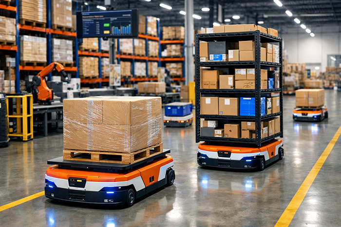 Tendência para logística, os smart warehouses com AMRs em movimentação de carga.