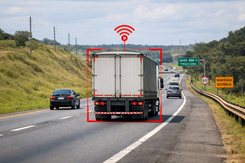 Caminhão sendo rastreado enquanto se movimenta em uma avenida movimentada