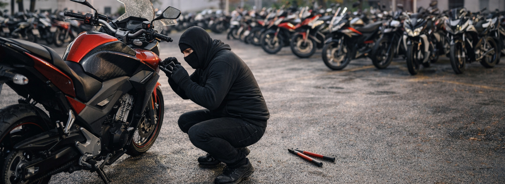Homem realizando uma ação criminosa ao furtar uma moto num espaço aberto
