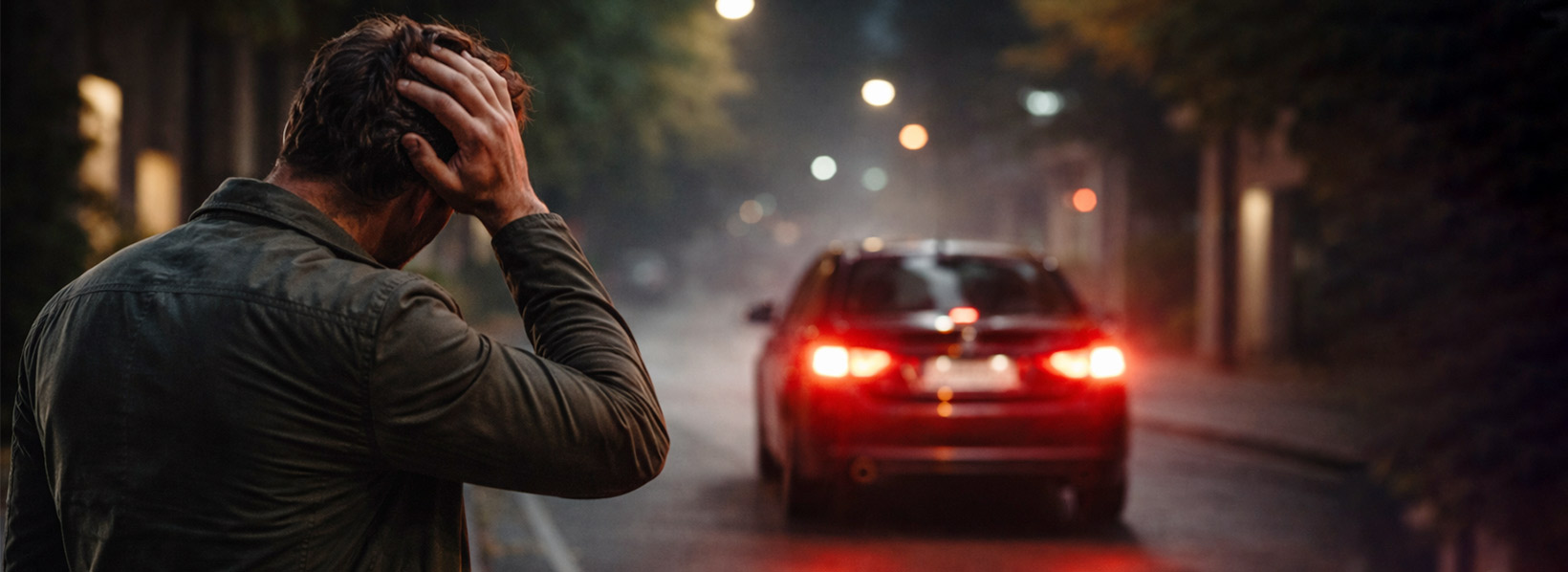 Pessoa vítima de roubo de carro, olhando os criminosos levando seu carro embora, com as mãos na cabeça.