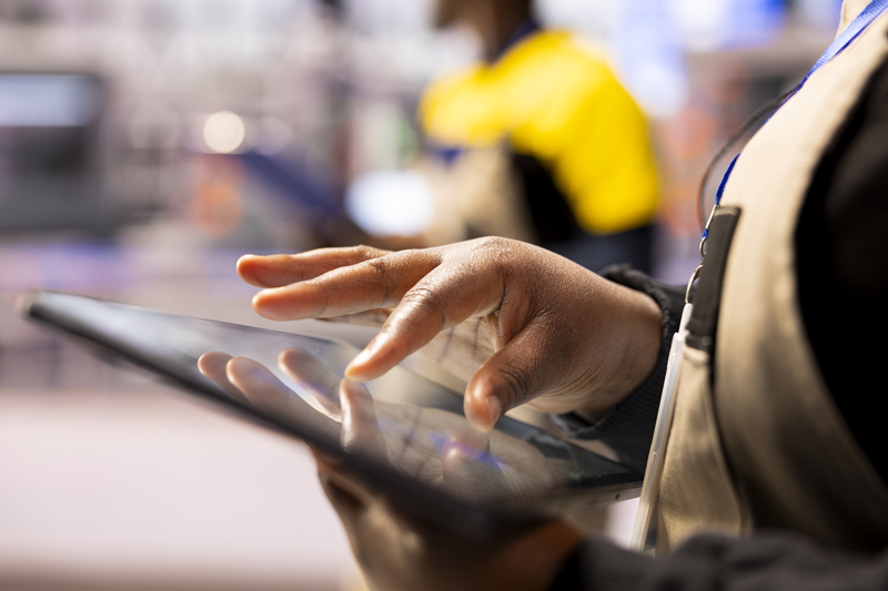 Profissional acessando indicadores de logística em dashboard no tablet.