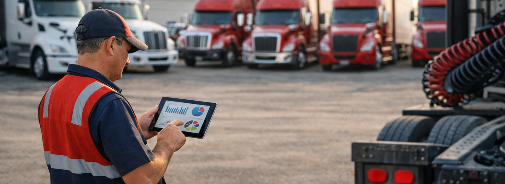 Profissional de logística observando dados da frota em dashboard