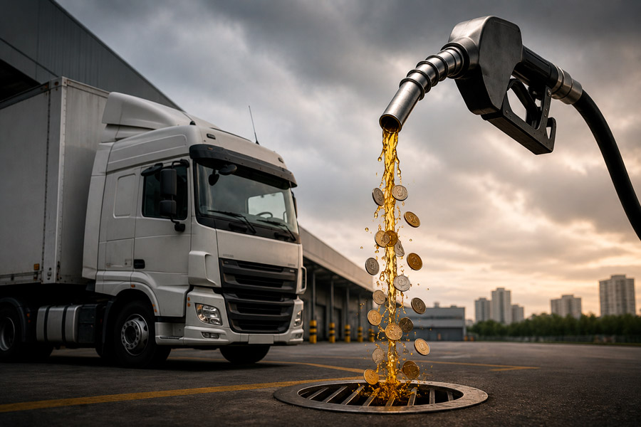 Imagem de mangueira de gasolina desperdiçando combustível e dinheiro simultaneamente, enquanto caminhão se mantém em marcha lenta.