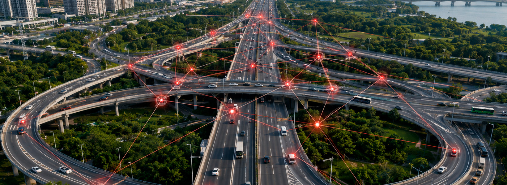 Malha viária com diversos veículos conectados por uma linha de tecnologia, representando o rastreamento veicular via rede mesh tracker.