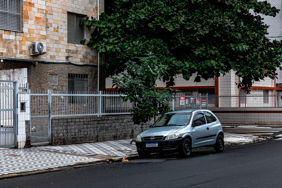 Carro cinza estacionado sob árvore em bairro residencial, ao lado de prédio.