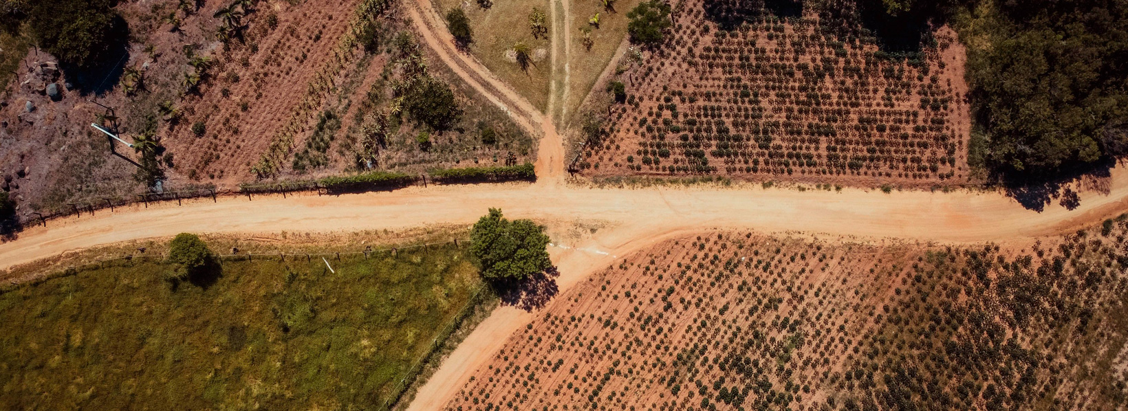 Vista aérea de estrada vicinal de terra, onde passa o transporte de primeira milha.