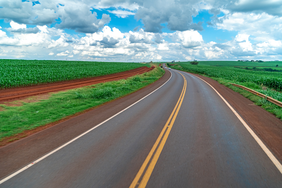 Estrada brasileira com veículos trafegando no horizonte, com plantações na lateral.